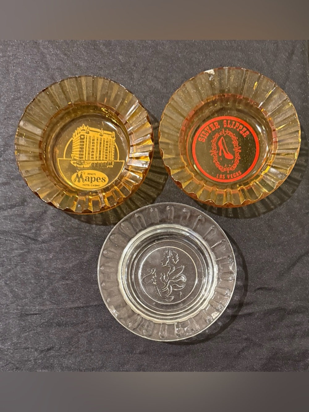 Vintage Glass Ashtrays - Mapes & Silver Slipper Las Vegas & Raised Floral